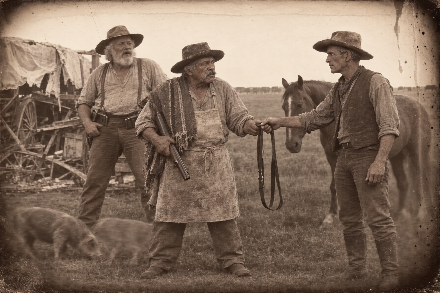 Bolivar walks in with his gun and the blue pigs, tells the Captain he is going back, and is handed the reins of a gentle gelding.