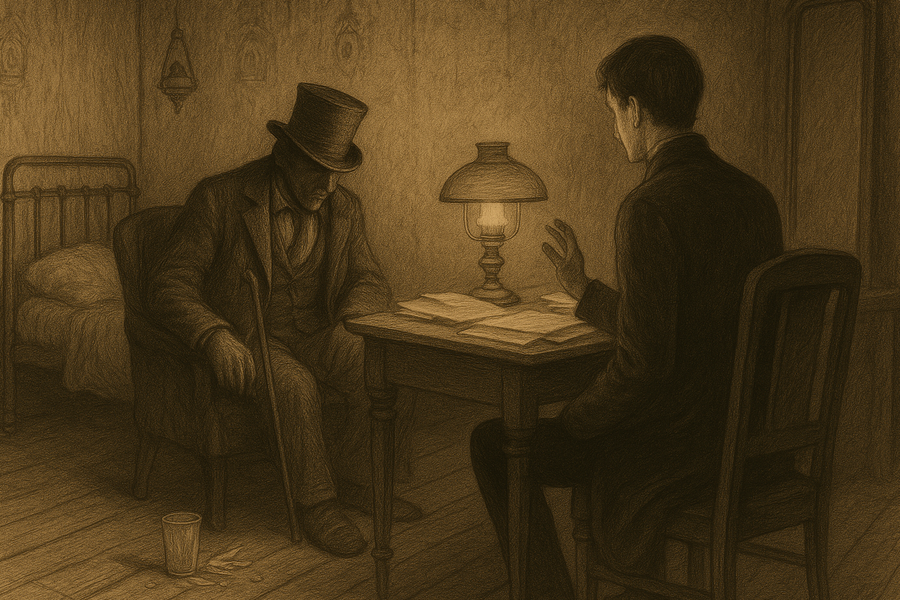 Ivan confronting the shabby gentleman-devil in his lamp-lit room.