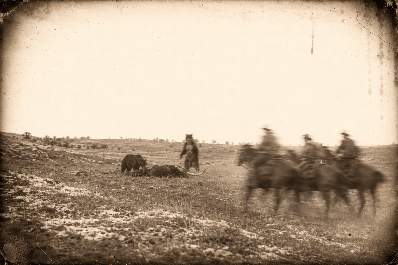 Beyond the Marais, Newt and the Raineys find two grizzlies making a meal of Old Dog, and their horses bolt.