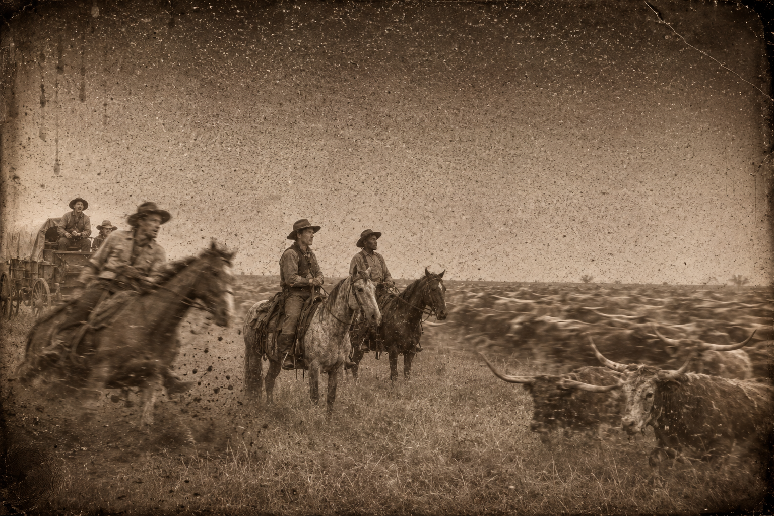 The cloud reaches the outfit on the open plain; Dish races back to Call and Deets, who sit their horses and watch it come.