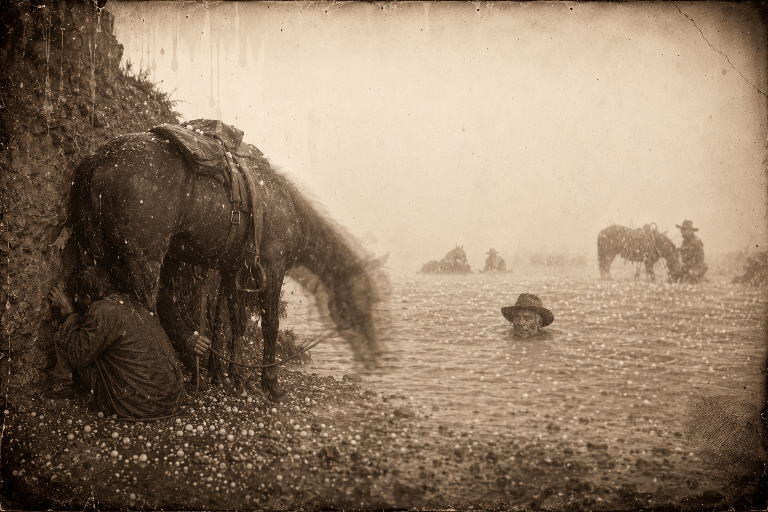 At the height of the hail, Newt shelters in under Mouse below the six-foot bank while Pea Eye stands neck-deep in the river with his hat on, reasoning it cannot hail through water.