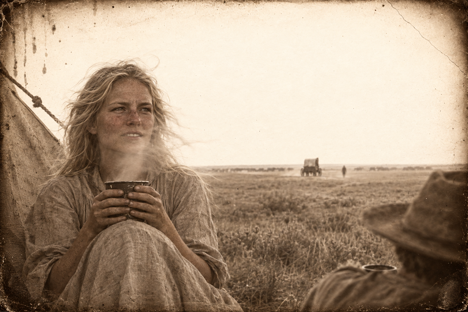 Lorena, holding her coffee in both hands, laughs at Po Campo's grasshoppers and says she has got so she likes this looking far — privately deciding to ask Gus to marry her before Ogallala.
