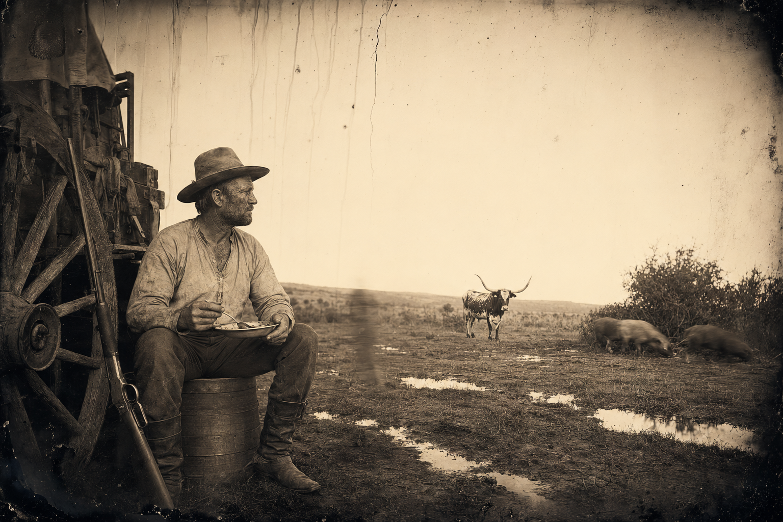 Needle Nelson eats with his rifle propped against a wagon wheel while, fifty yards off, the Texas bull goes on watching the two pigs root under a chaparral bush.