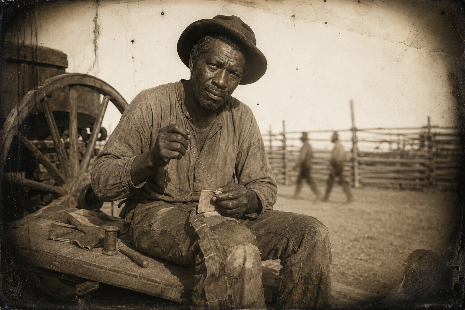 Deets sees to his own equipment — a needle, some pieces of rawhide, and a few more patches sewn onto his old quilted pants.