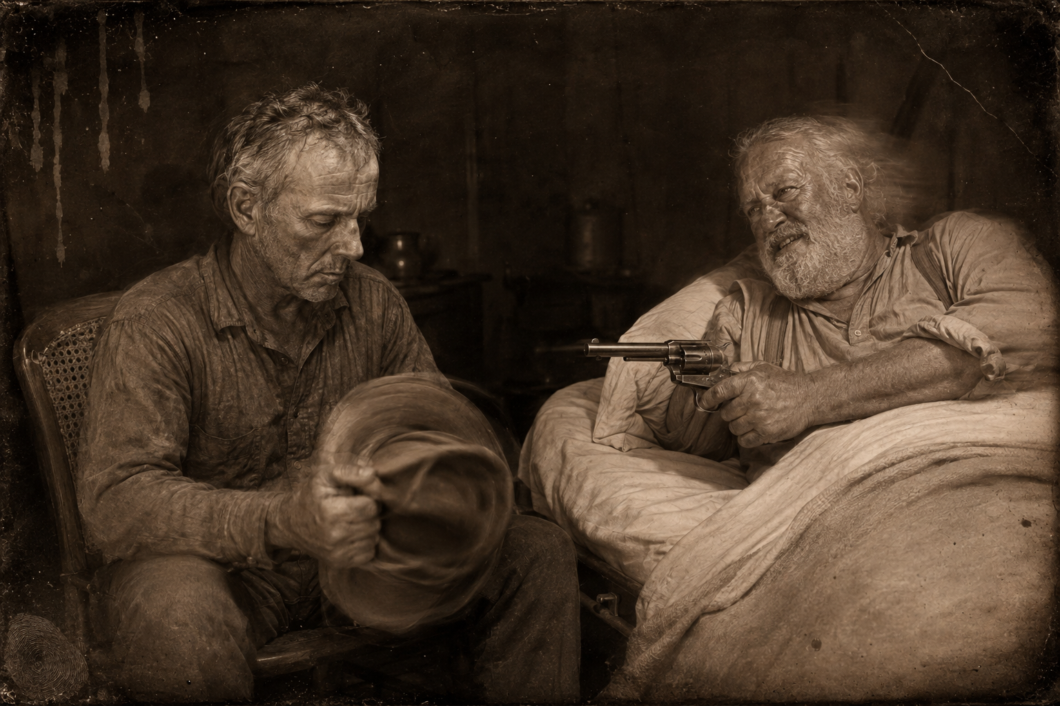 Augustus cocks the pistol on his old partner — "You don't boss me, Woodrow" — and Call, weak of a sudden, sits down and takes off his hat.