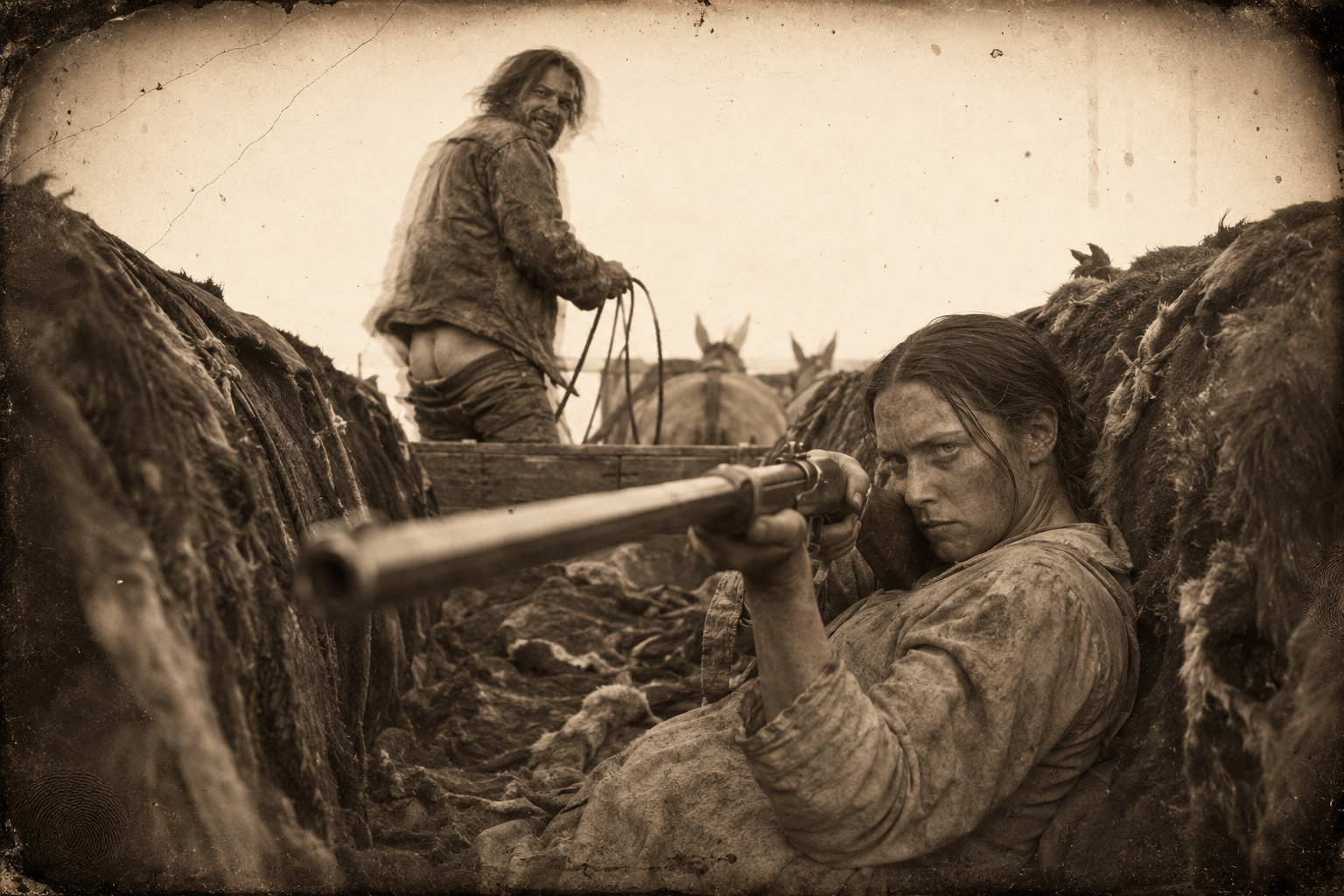 The runaway mules stopped, Luke turns from the reins with his pants half down and finds Zwey's buffalo gun pointed at him from among the hides.