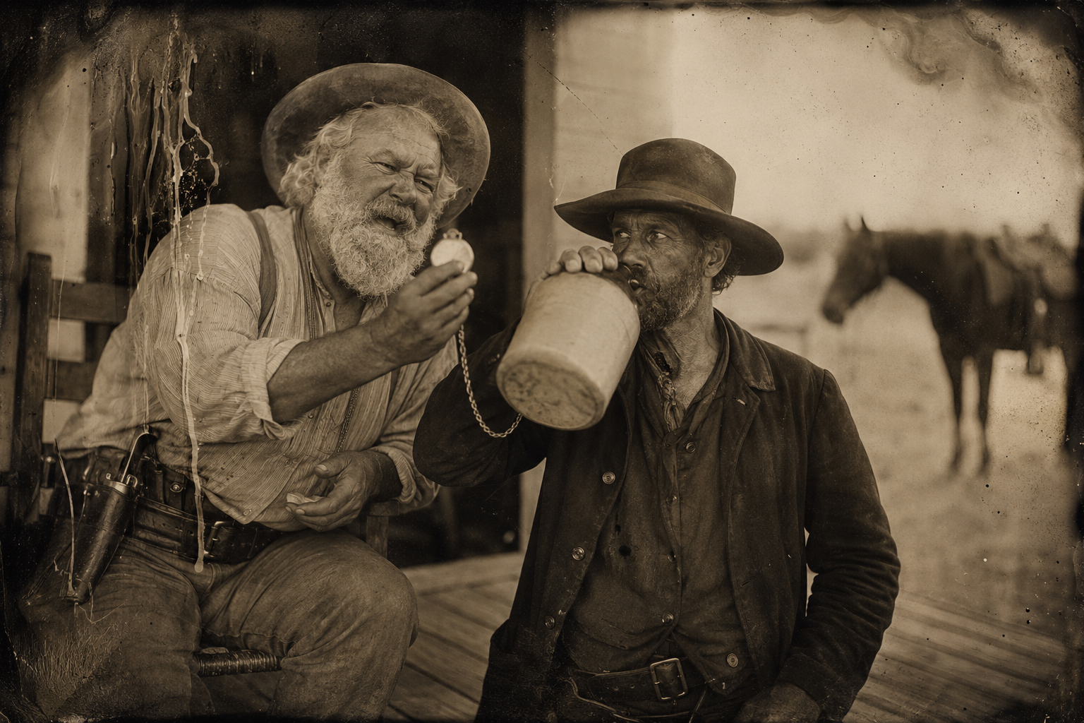 Augustus squints at his old brass pocket watch and announces the horse-trading is closed for the day; Wilbarger, dismounted, comes up to rent a swig from the jug.