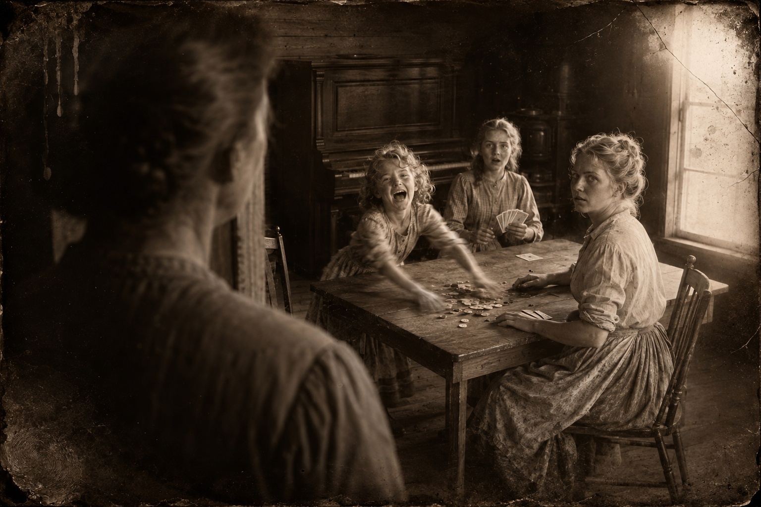 Betsey whoops over a hand of poker played for buttons, then sees Clara's face in the doorway and hears that her father is dead.