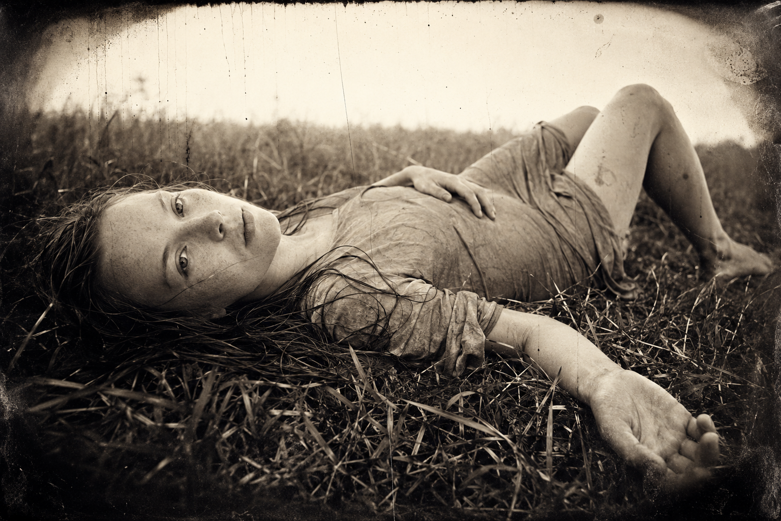 Alone in camp, Lorena washes the mud off her legs in the river and lies down in the grass to nap, looking up at a perfectly clear sky after too many years of hot little rooms and ceilings.