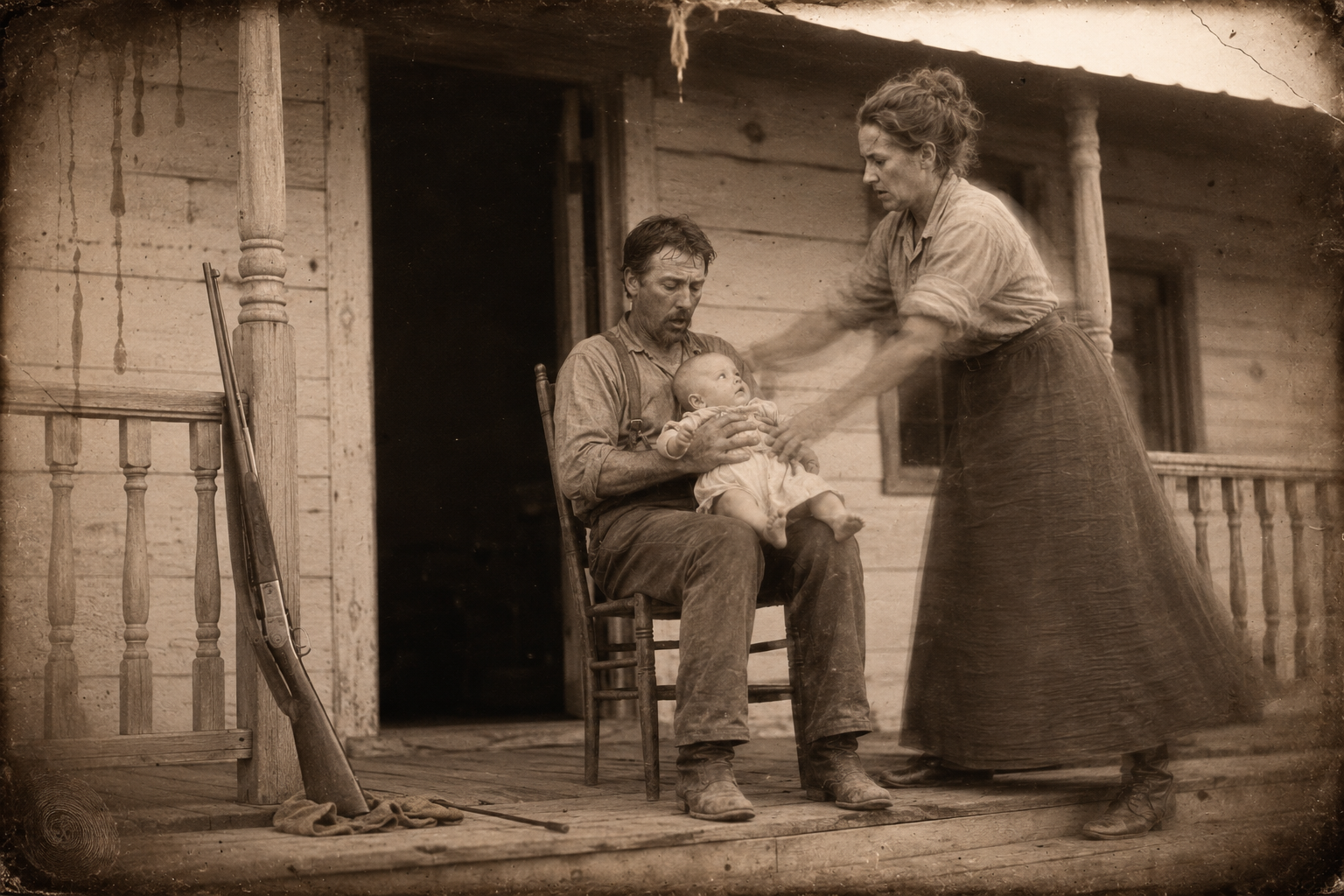 July has set his cleaned rifle against the porch railing and is about to get up and go when Clara walks out with no warning and drops the baby into his lap, so that he has to catch him.