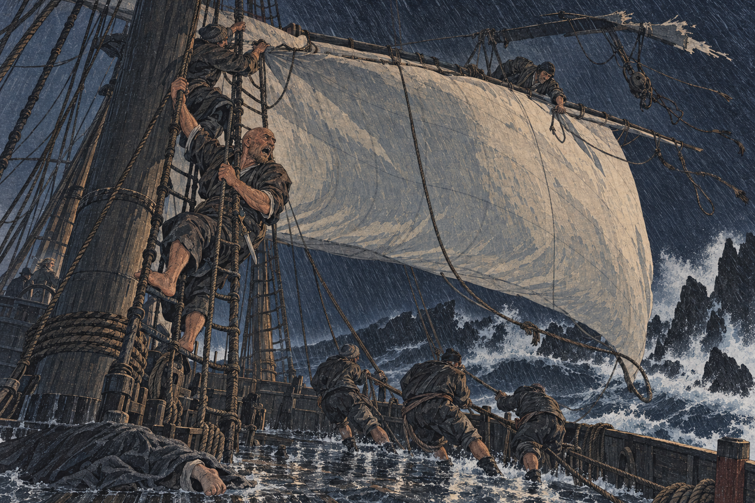 Vinck aloft in the foremast shrouds