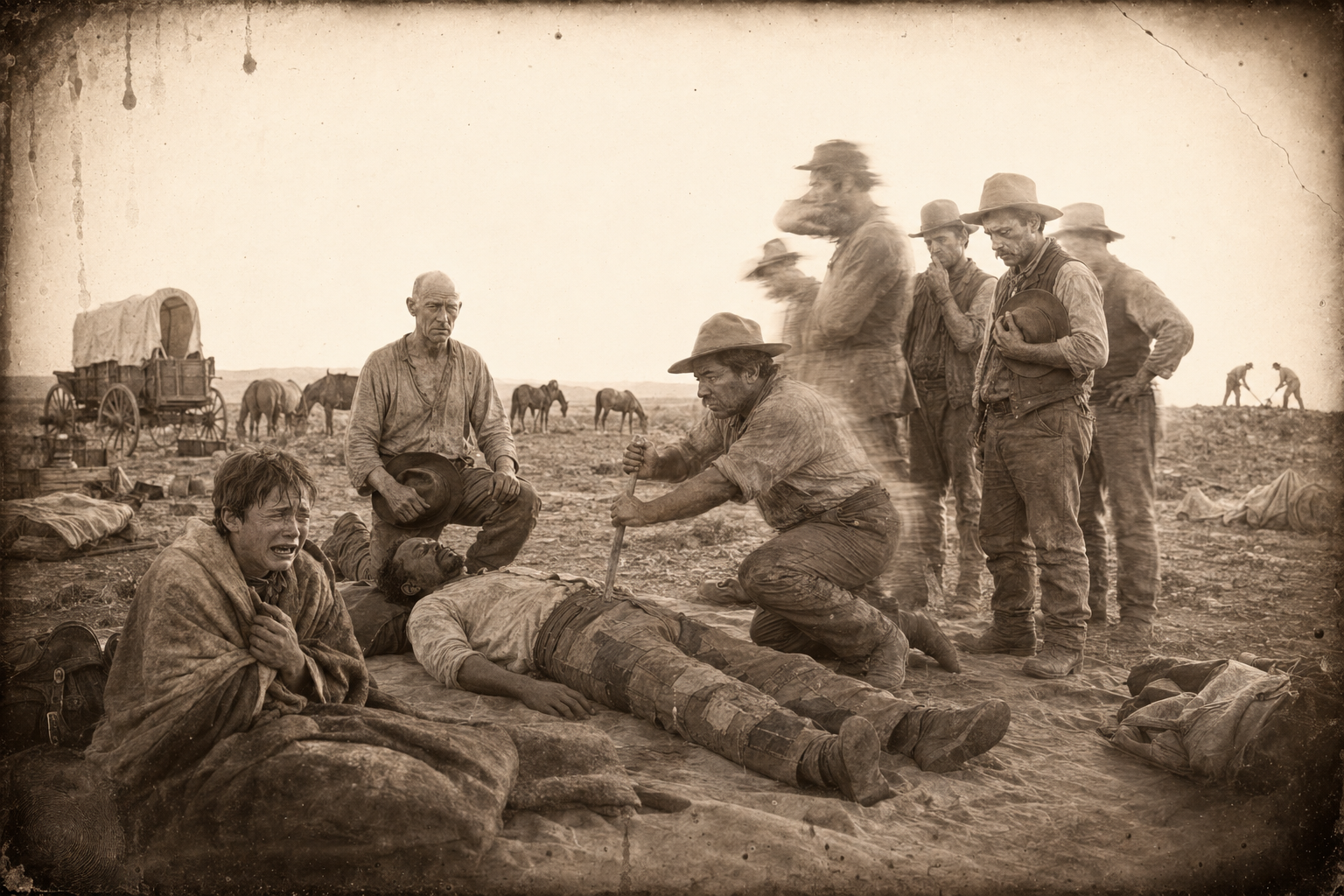 Dawn at the herd two days later — Deets laid out on a wagon sheet while Po Campo strains at the lance and Dish turns away sick, Pea Eye kneeling dazed, Newt sitting up in his blankets crying with nobody noticing.