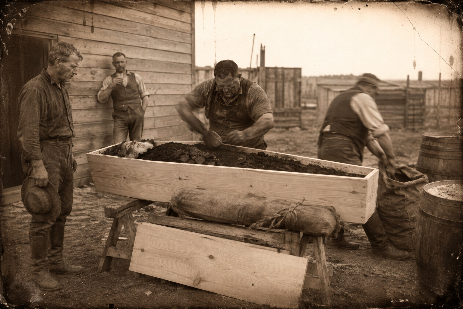 A bartender and the blacksmith pack charcoal around Gus in the coffin while Call stands awkwardly by with the fine bandanna he bought to cover his friend's face.