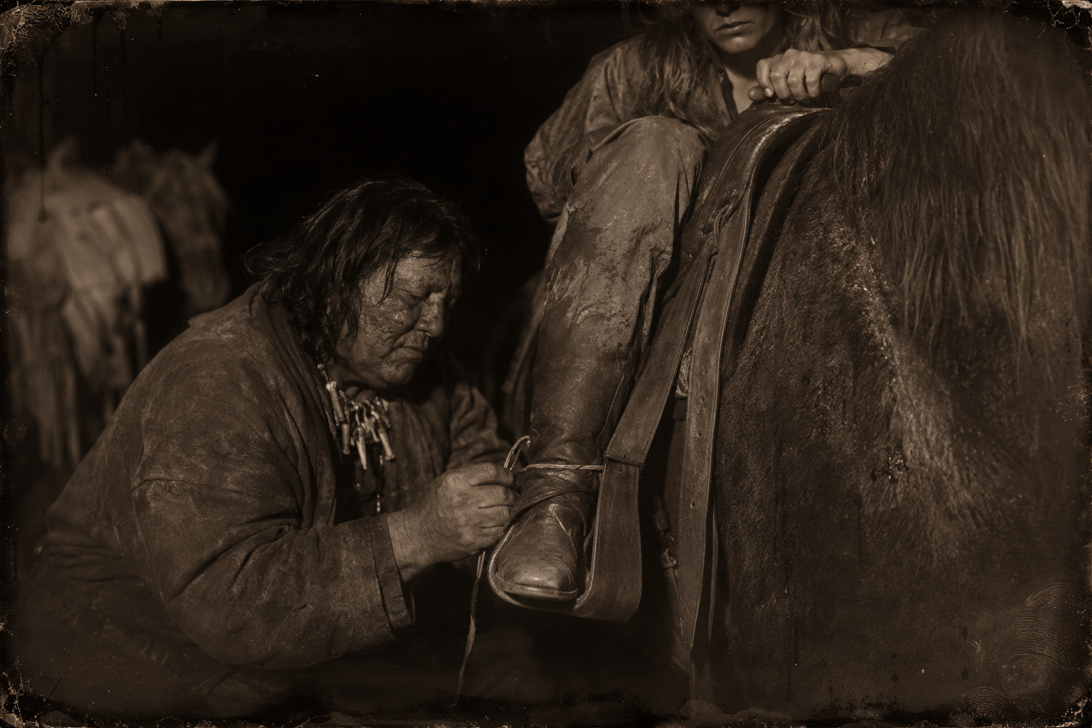 Blue Duck ties her ankle to the stirrup with a rawhide string — "I guess that'll hold you."