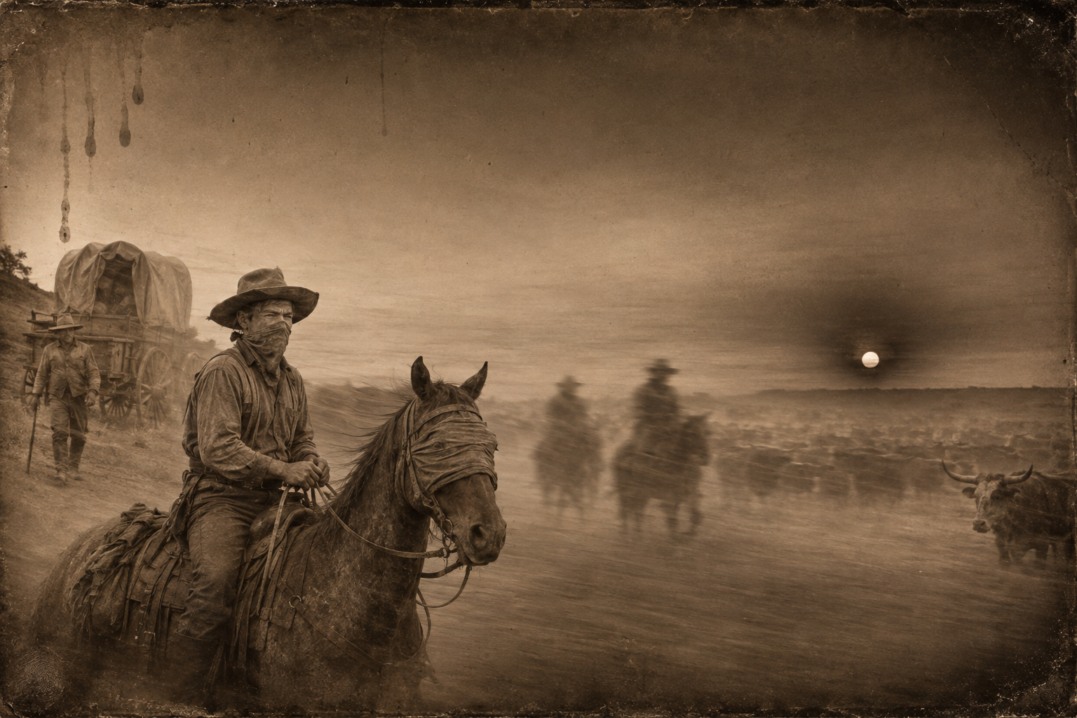 The sandstorm sunset on the second evening — the sun a dying coal ringed with black, Newt and the Rainey boys blind at the drags.