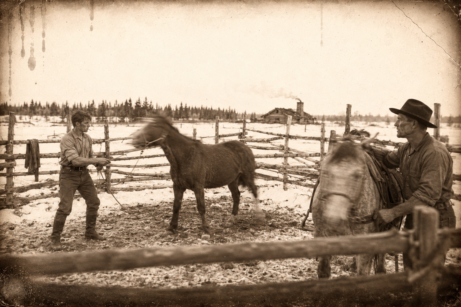 Call comes back from Fort Benton to find Newt in the sapling corral talking a hammer-headed bay quiet, and is pleased by the boy's silent way of working.