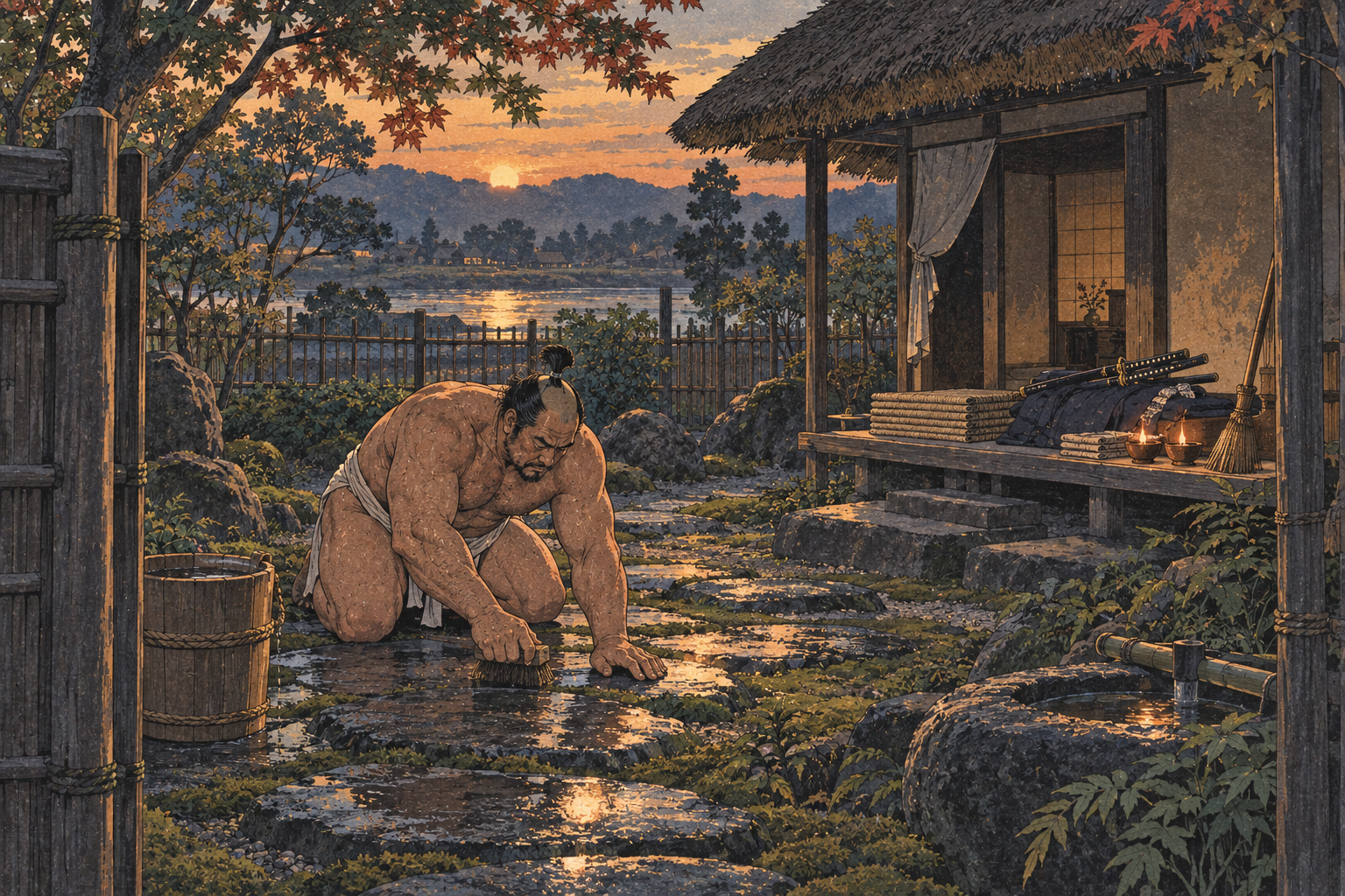 Buntaro scrubs the garden himself