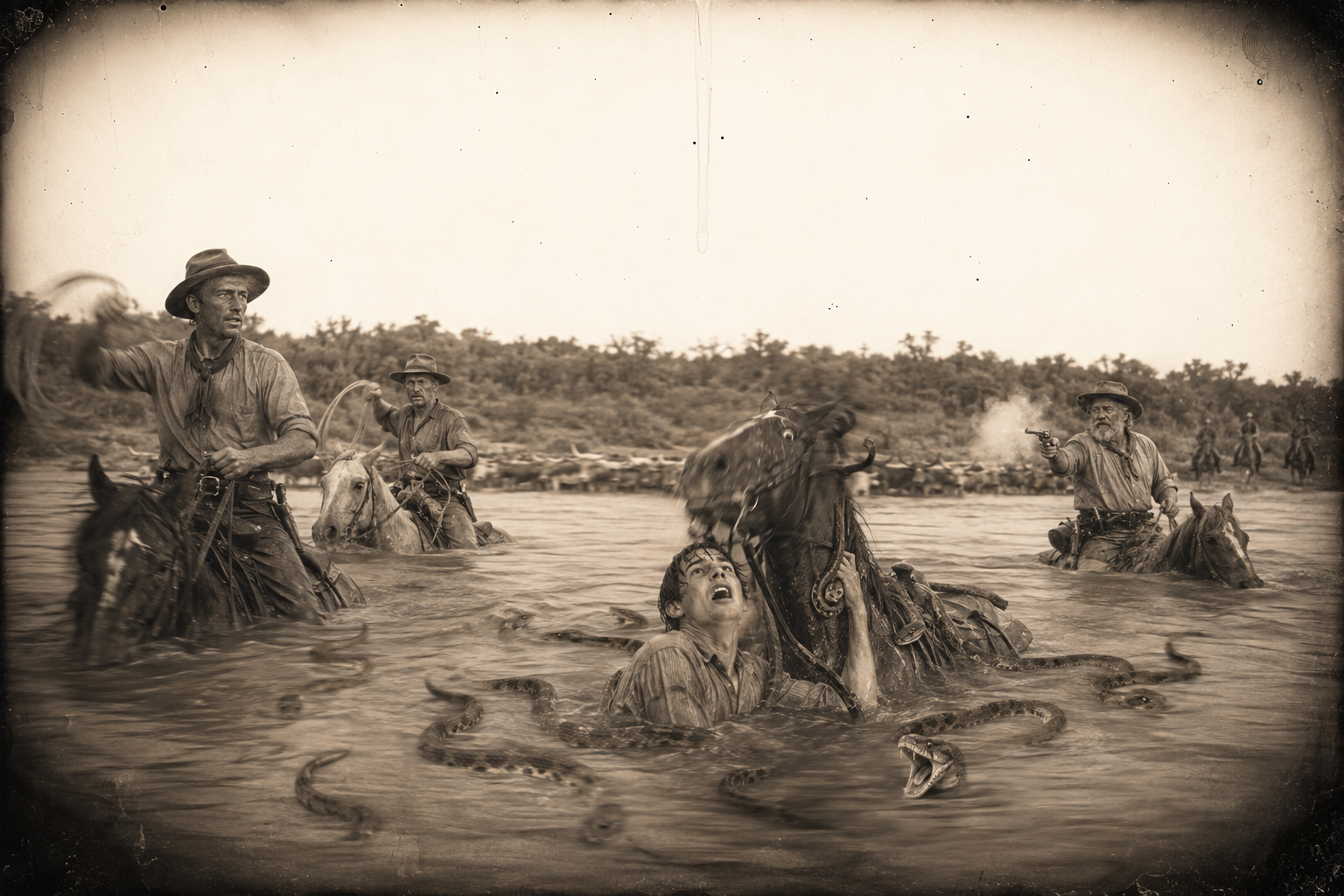 Sean's horse has swum into a nest of water moccasins; he screams and goes under while Pea Eye and Call beat about themselves with coiled ropes and Augustus shoots snakes from a swimming horse.