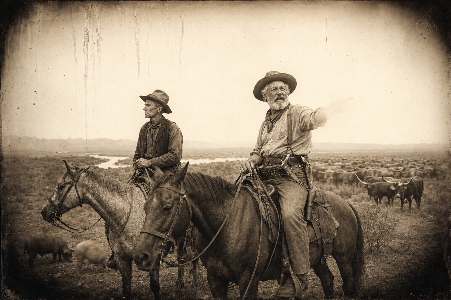 Augustus comes back from counting with twenty-six hundred cattle and two pigs, asks for a speech at leaving the Rio Grande, and Call turns the mare away without giving him one.