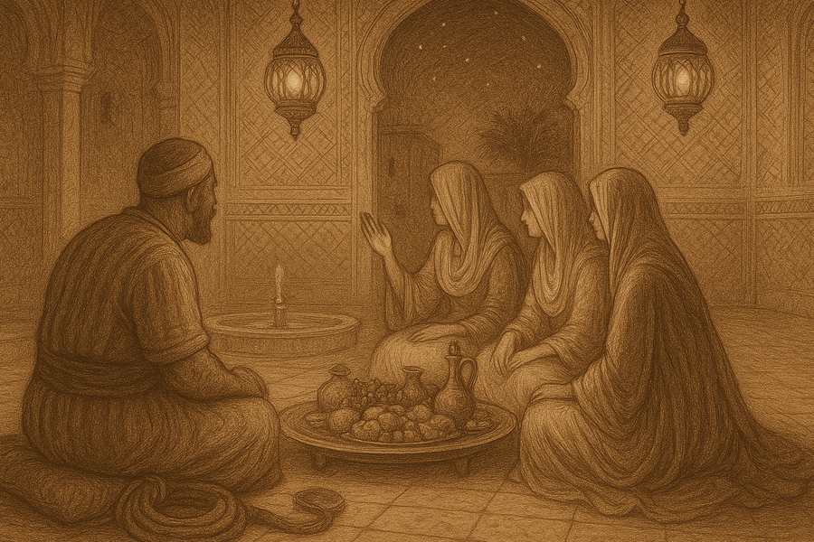 The porter and the three ladies feasting around a low brass tray in the lamplit Baghdad courtyard, a fountain in the centre.