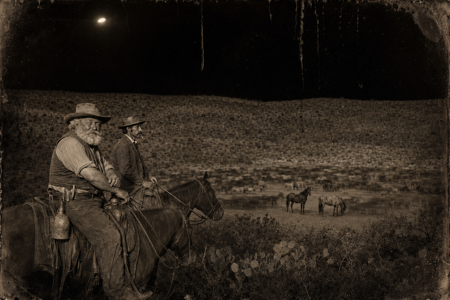 Augustus and Jake sit their horses above the horse herd in the valley south of the old line camp — Call predicted the place exactly and got the size wrong; there are only about forty head.