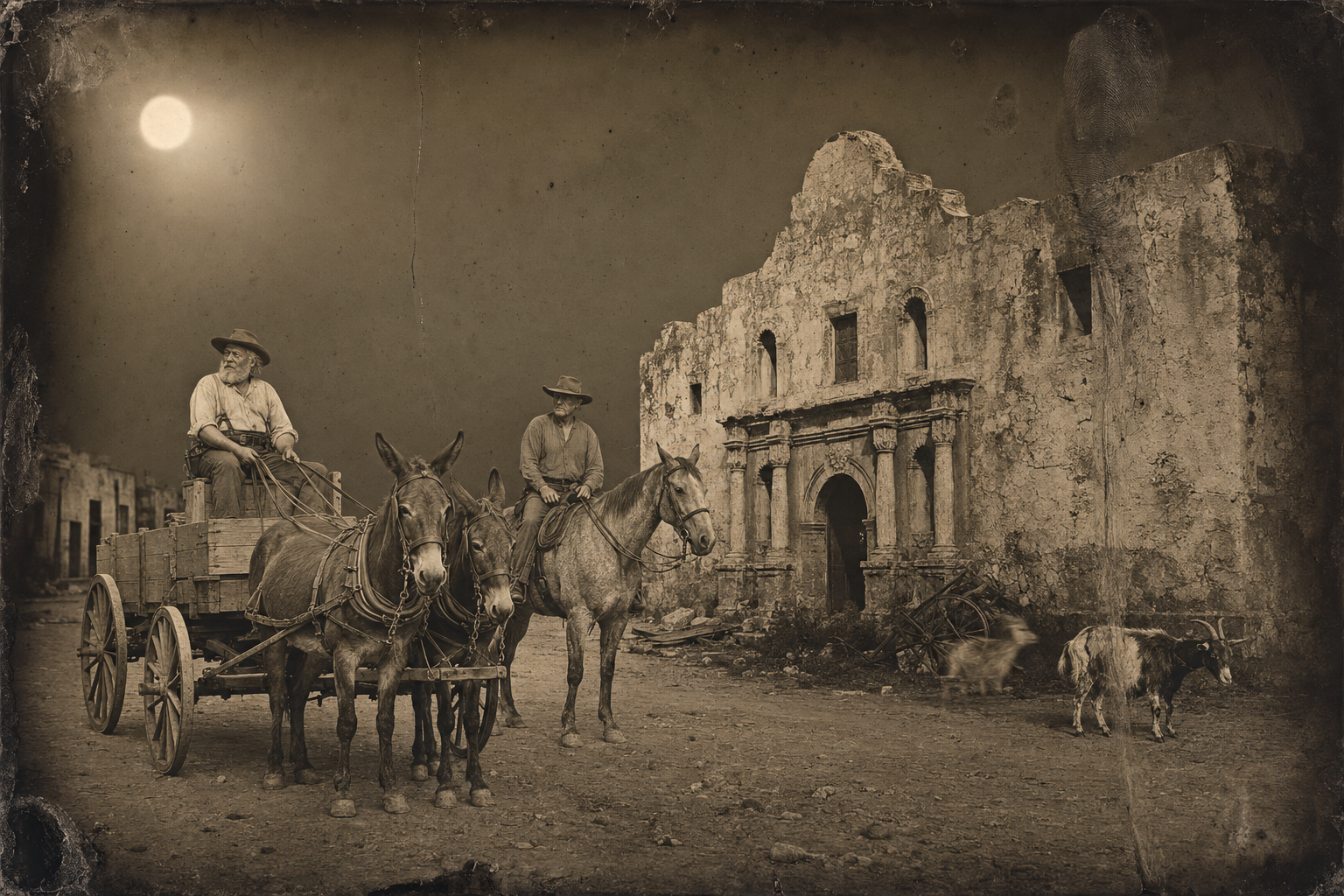 They leave San Antonio by moonlight with the new wagon and mules, past the neglected Alamo where two stray goats nose the walls for grass, and Augustus says they were forgotten the way the Alamo was.