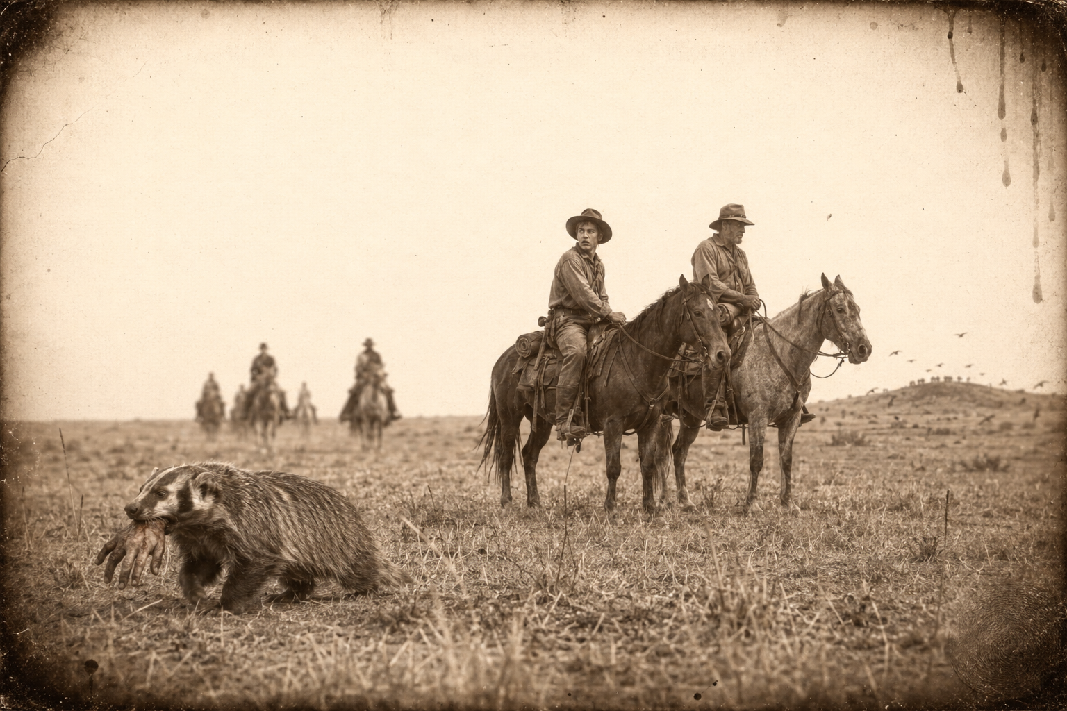 Riding toward the buzzard knoll, the party passes a fat old badger carrying a human hand away across the grass, and no one but Newt thinks it worth stopping for.