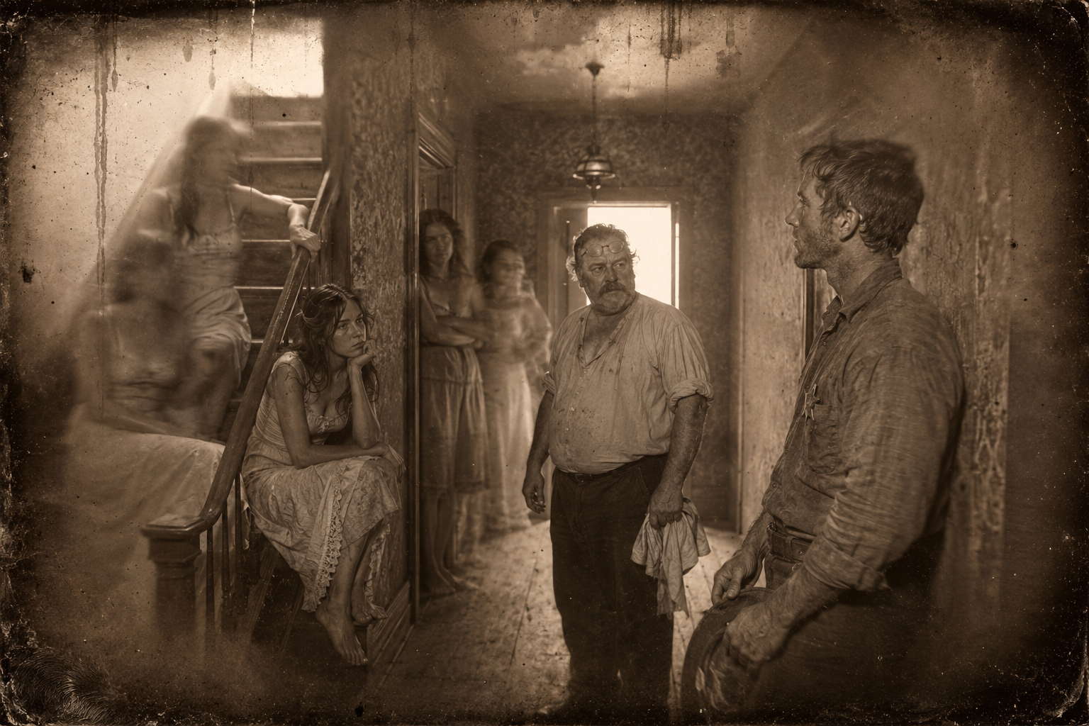 July finds Patrick Arandel delivering a baby in one of the whorehouses, and is told Elmira has gone east with the big man and left no note, while five idle young women listen.