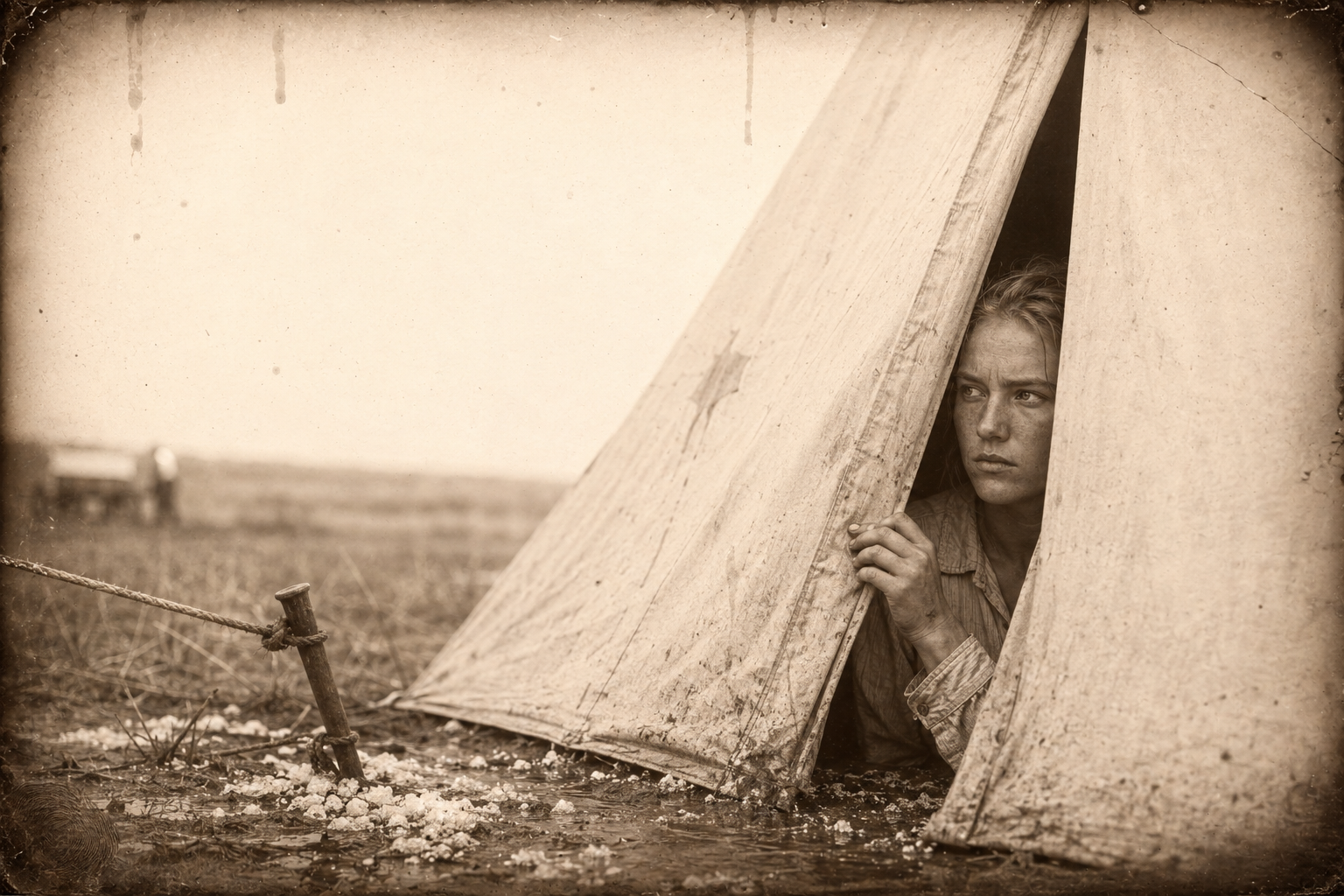 Lorena peeps out of the borrowed tent without leaving it, watching for Gus's white head by the wagon.