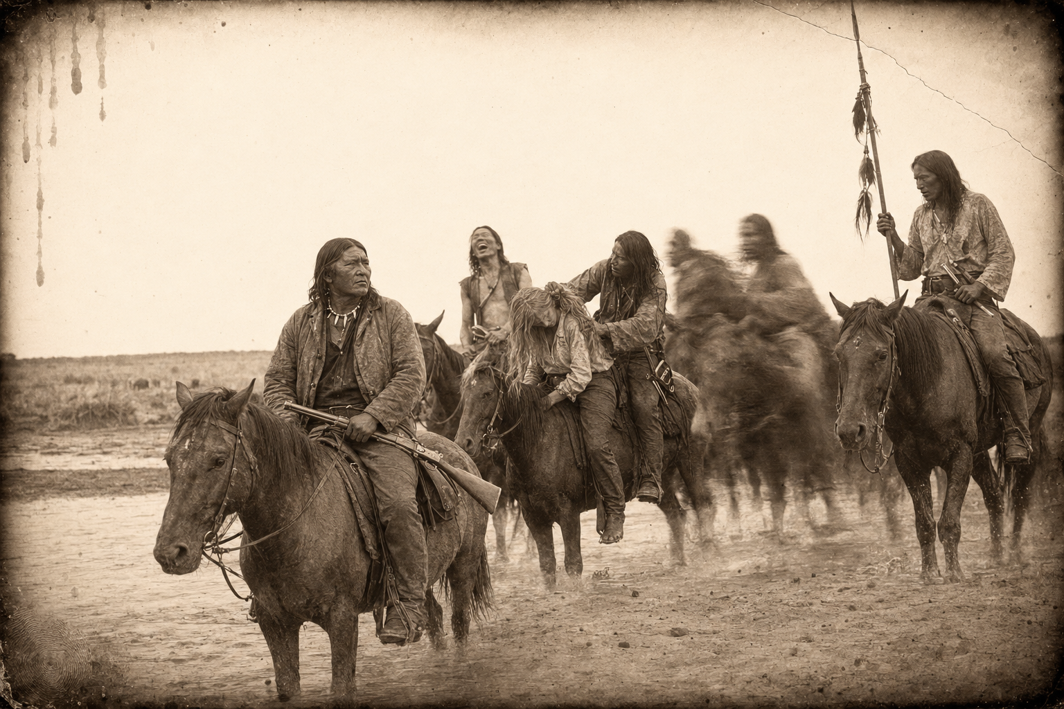 They come out of the red-sand river bareback and Ermoke's four whip down to meet them, the lance strung with scalps held up, hands reaching for her hair.