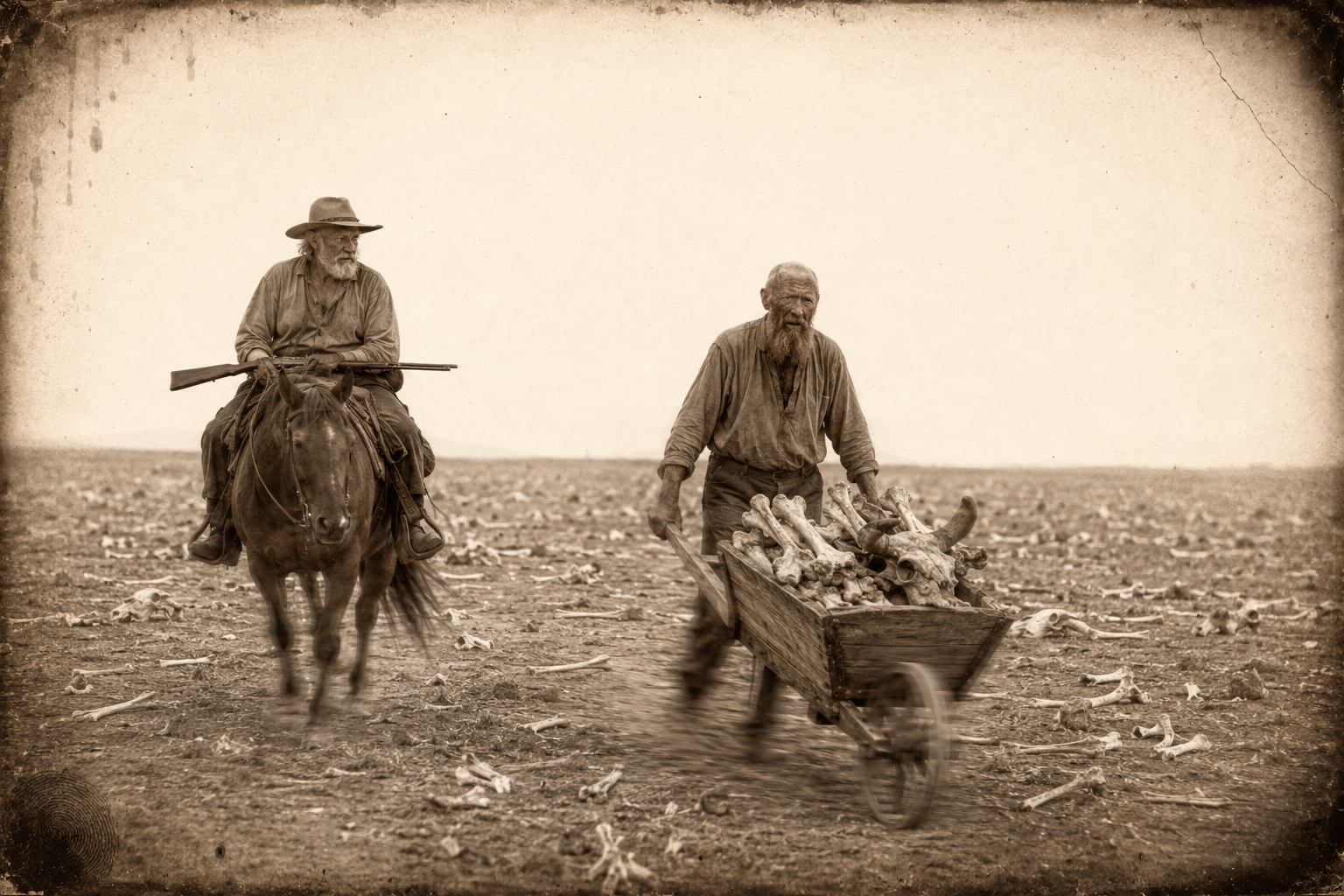 Near the breaks of the Canadian, the speck Augustus rides down turns out to be Aus Frank, pushing a barrow of buffalo bones across the open plain.