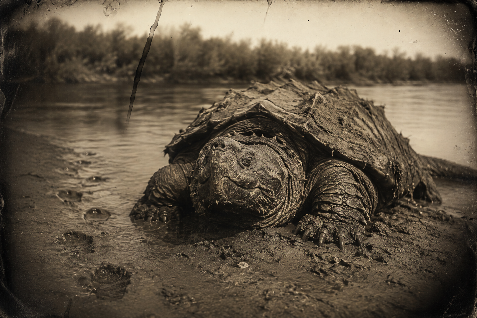 The snapping turtle, big as a tub, sitting on the bank exactly where she went in.