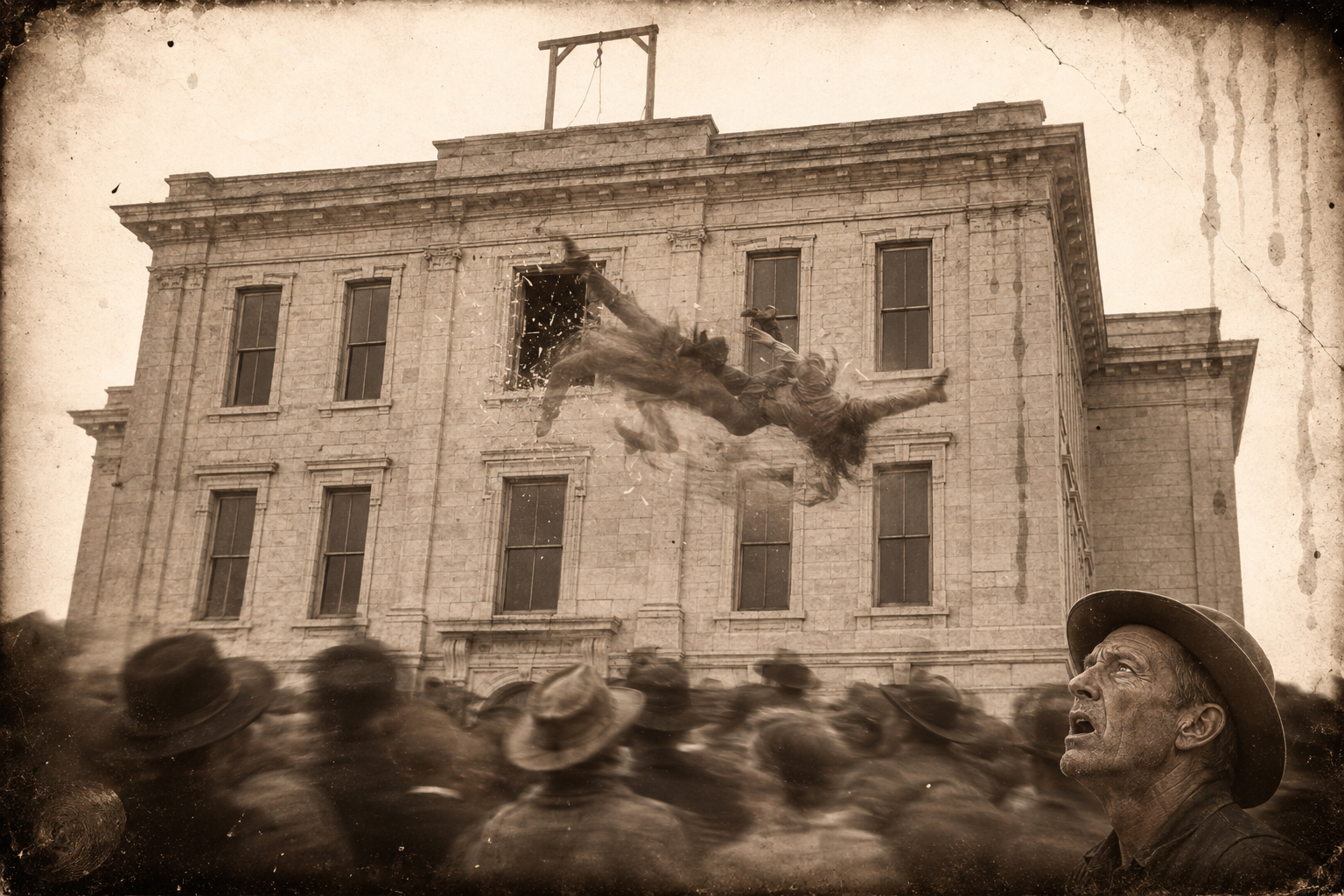 Blue Duck goes out through the third-storey courthouse window in his chains, taking Deputy Decker with him.
