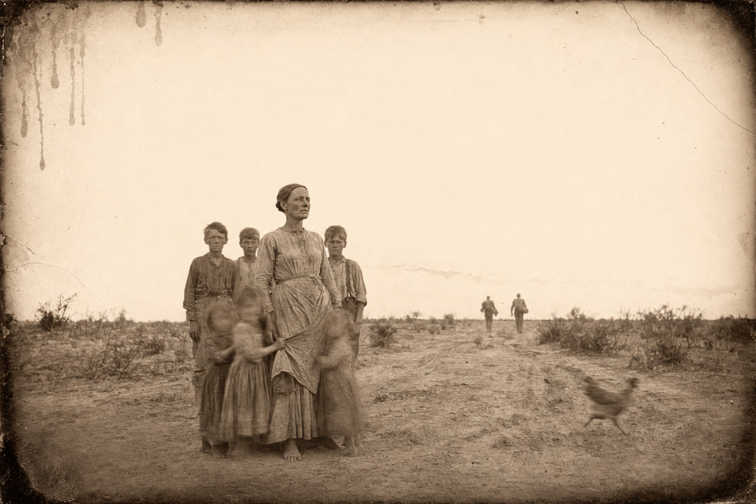 The boys walk off toward Lonesome Dove on foot while the mother and six remaining children stand in the hot yard, crying.