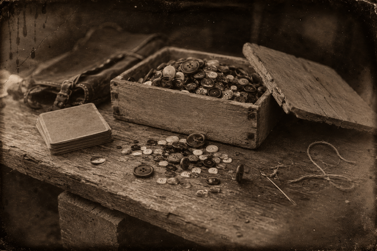 Poking about the fort on the second wet day, Augustus turns up a large box of buttons left behind by the woman who was there during the fight.