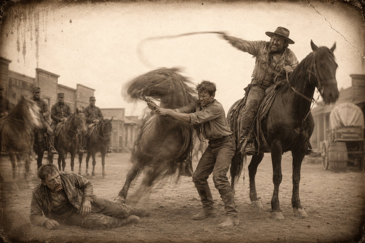 Newt hangs on to Sugar's bit with both hands while Dixon quirts him across the hands, neck and face, and Pete Spettle lies where the backhand put him with his nose broken.