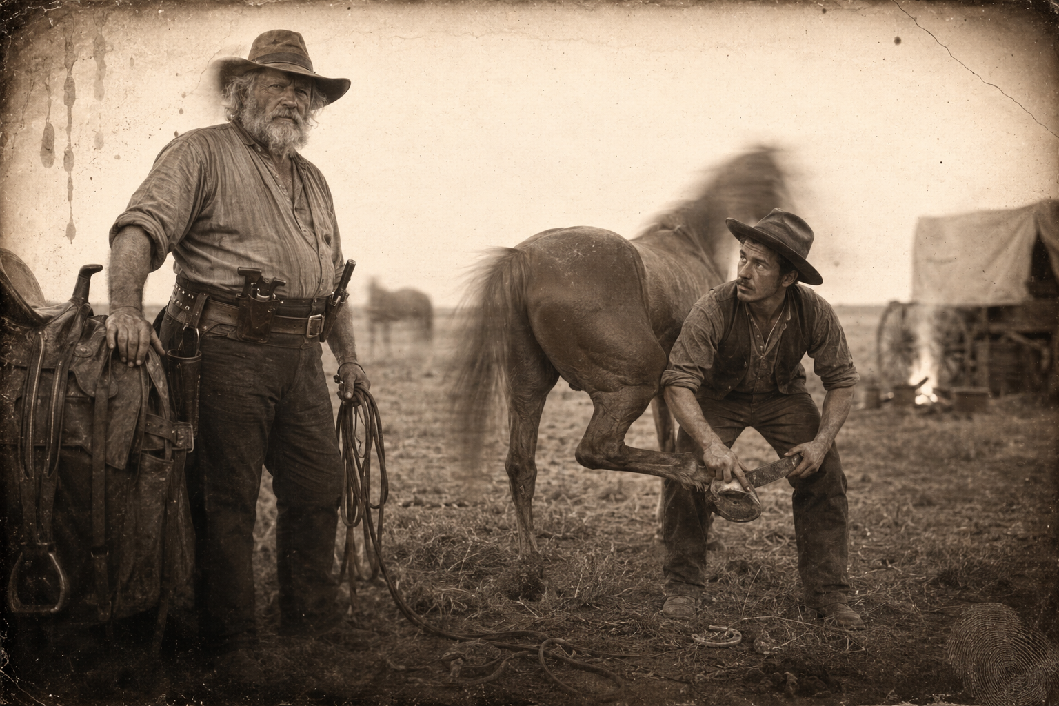 Dish Boggett, trimming his horse's feet, hears from Gus that the horsethieves were hung, Jake Spoon among them.
