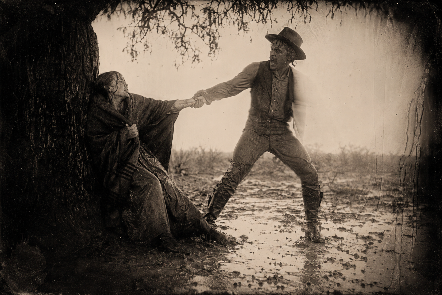 "We got to get out from under this dern tree" — Jake hauling at her arm while she braces against the mesquite and refuses to leave it.