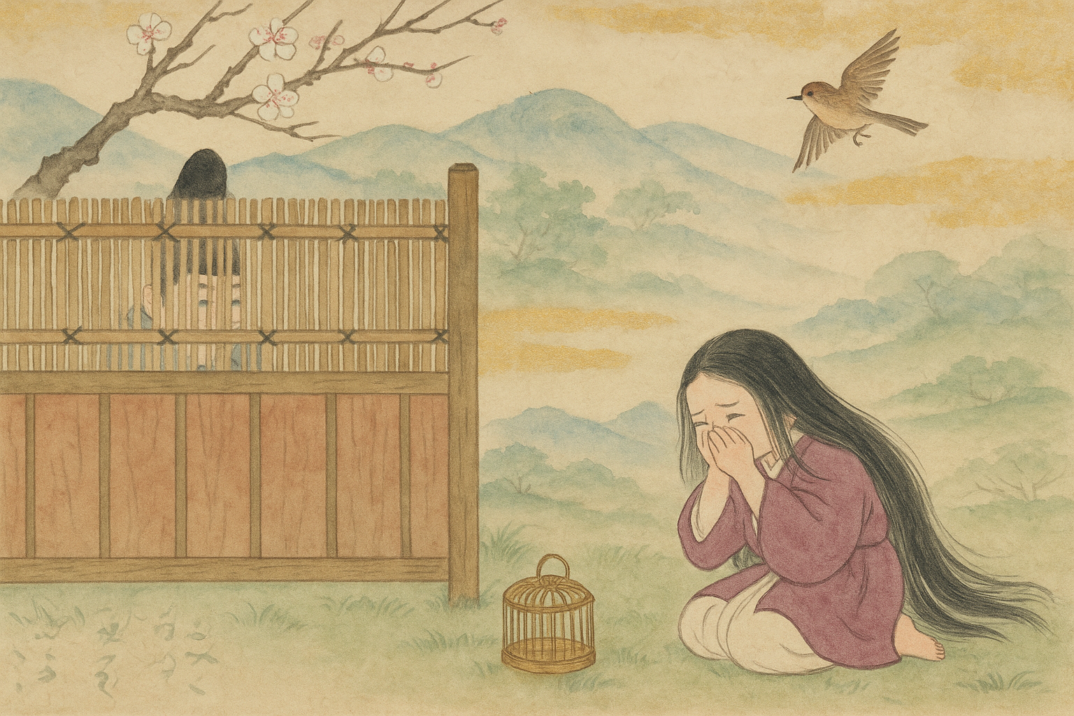The young Murasaki weeping over her escaped sparrow; Genji watches through the bamboo fence — the figure of every loss to come.