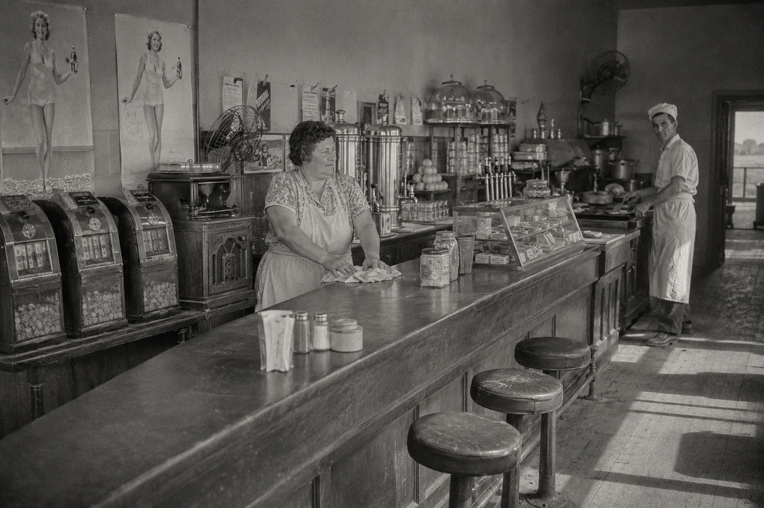 Mae and Al behind the counter