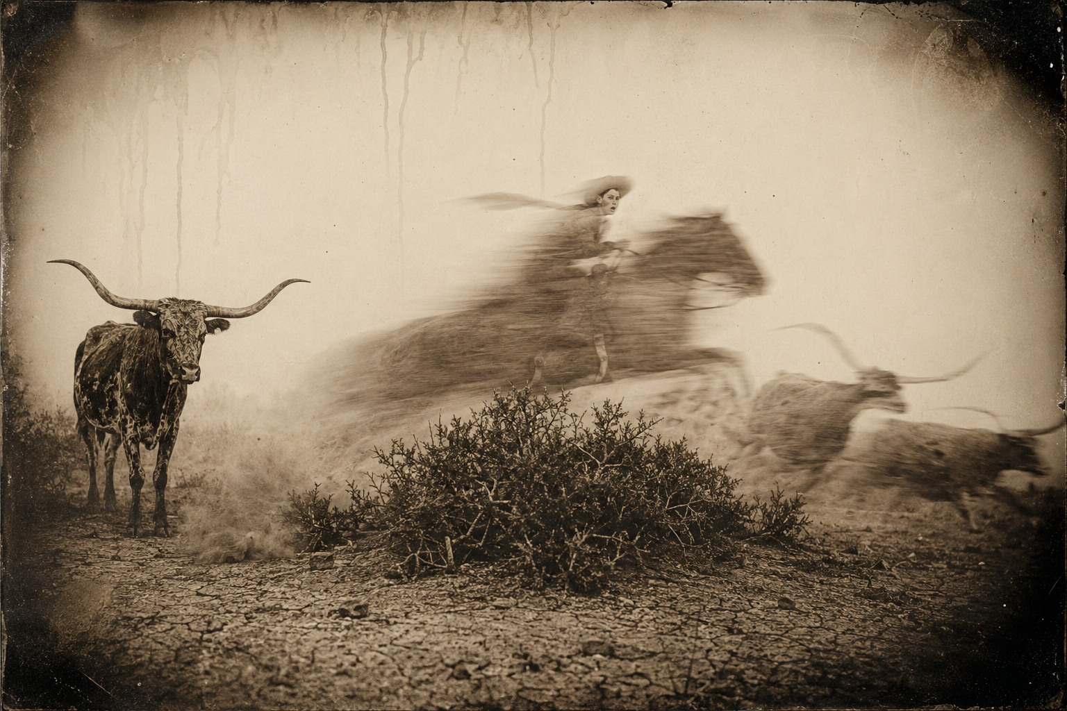 Going back for the thirty cattle he rode past, Newt loses both stirrups when Mouse twists and jumps a chaparral bush to head two spooked heifers.