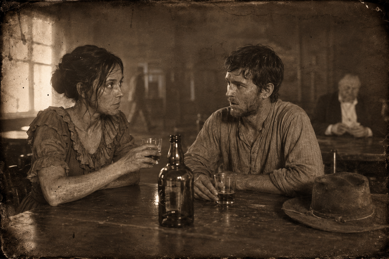 Jennie sits down across from July with the whiskey and tells him Ellie is hunting Dee Boot, that Dee is alive in Ogallala, and that even if he catches her it won't do him any good.