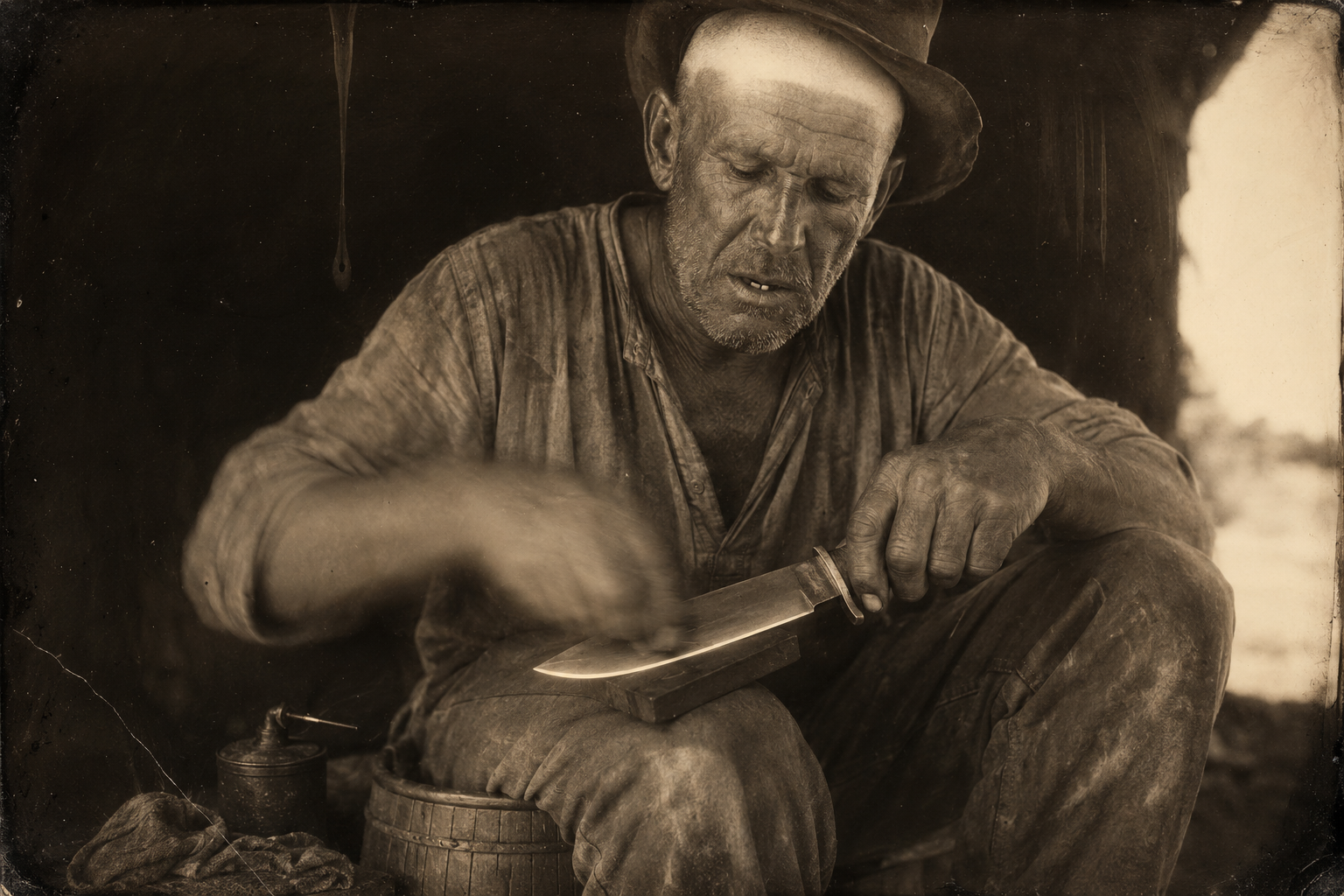 Pea Eye spends the entire day sharpening his bowie knife, the only equipment he considers important.