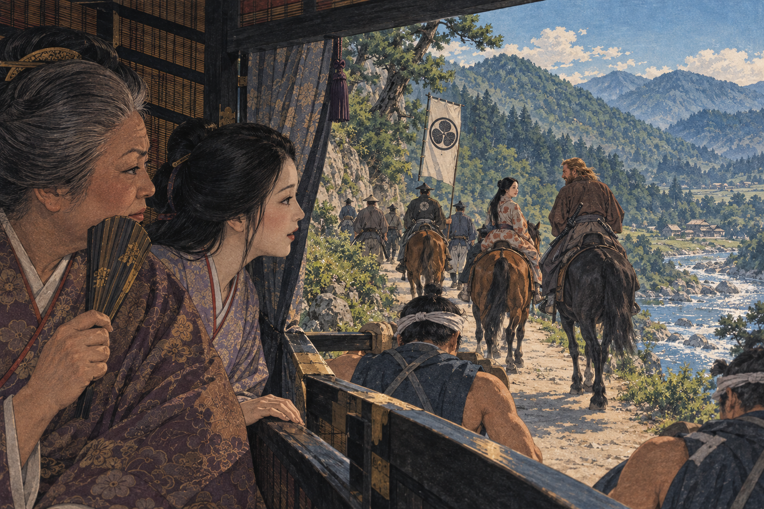Gyoko and Kiku watch from the palanquin