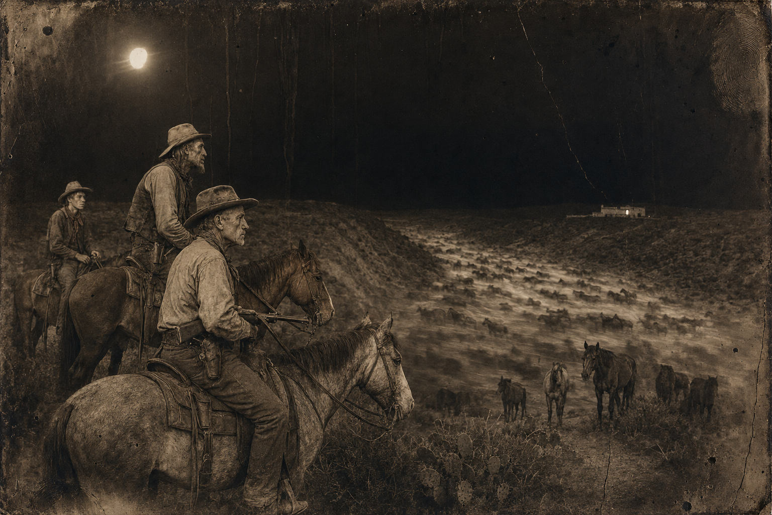 Call, Pea Eye and Newt find Pedro Flores's main remuda — over a hundred head in a narrow valley barely a mile from the hacienda — and Call says take them.