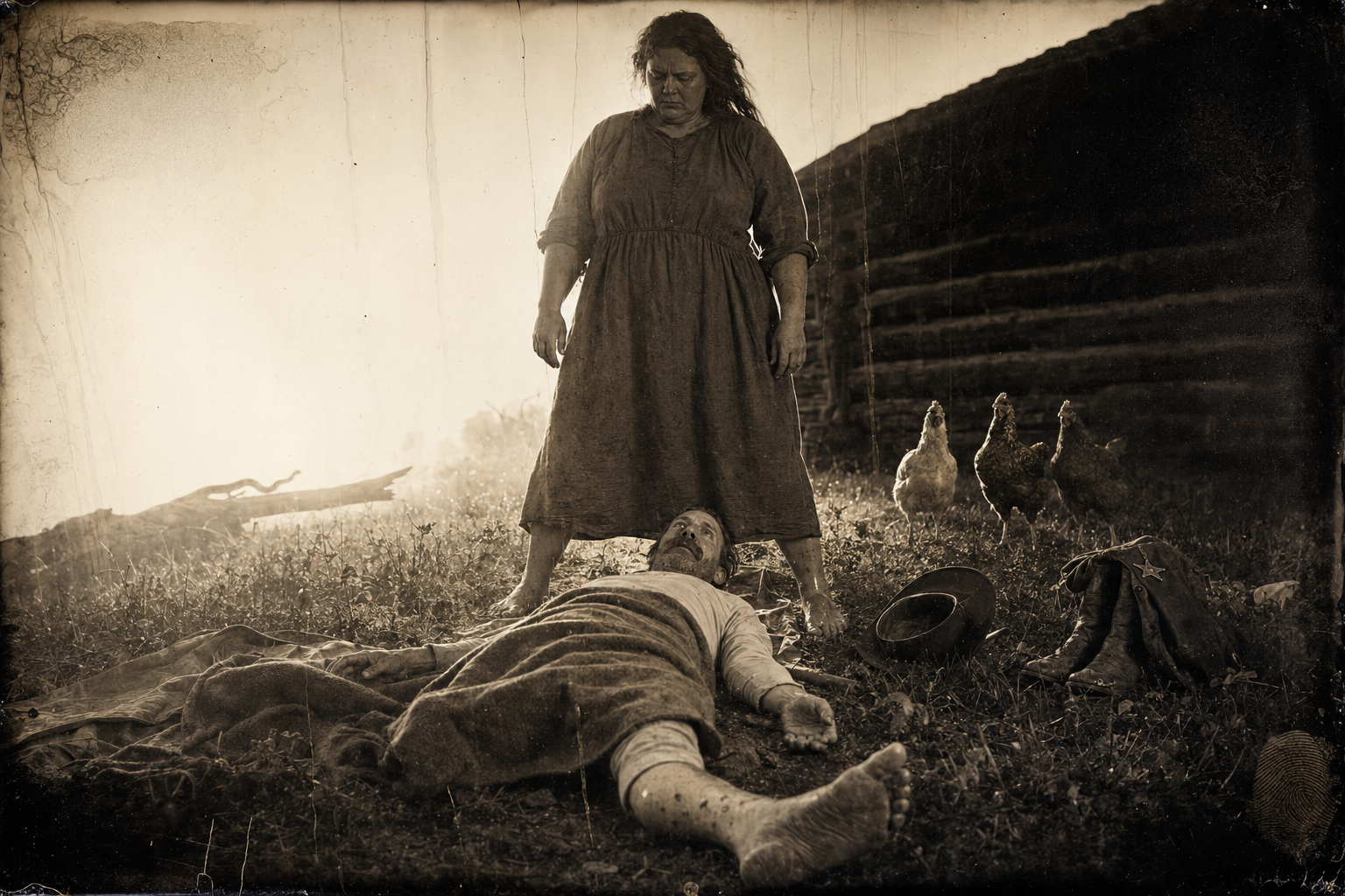 He beds down out back in fear of Ed and wakes near sunup, too heavy with sleep to move, to find Louisa standing astraddle of him with her bare feet wet from the dewy grass.