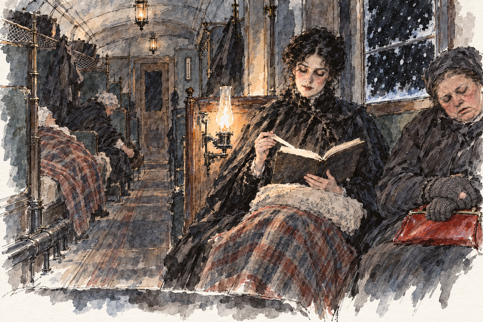 The sleeping compartment, reading-lamp lit