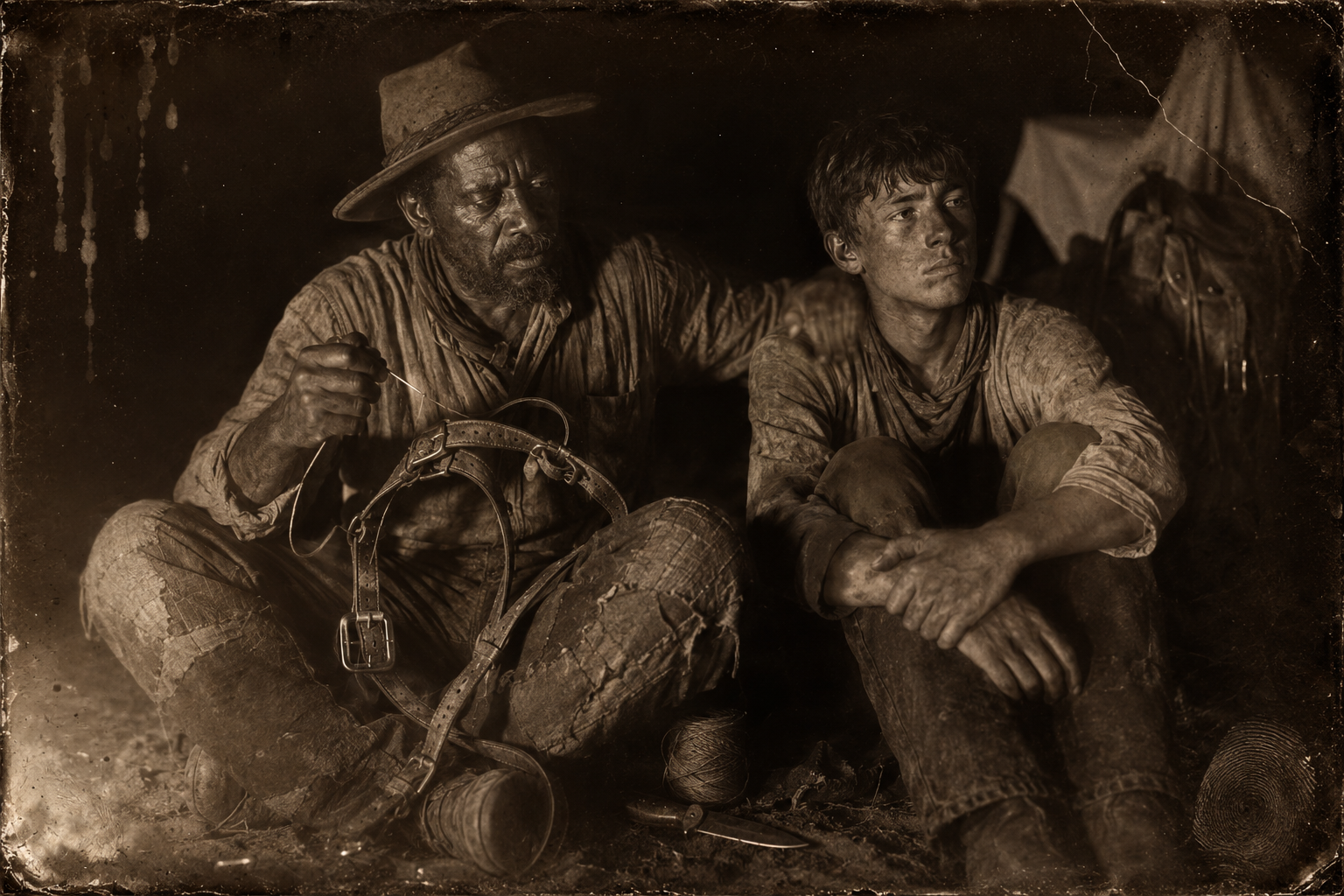 Deets mends Newt's bridle by the fire and tells him Jake has gone to the peaceful place — don't worry about the sleepers.
