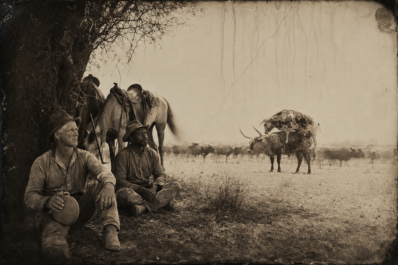 Noon under the big mesquite — Call and Deets rest from culling the weak stock and watch the mottled little Texas bull mount a cow.