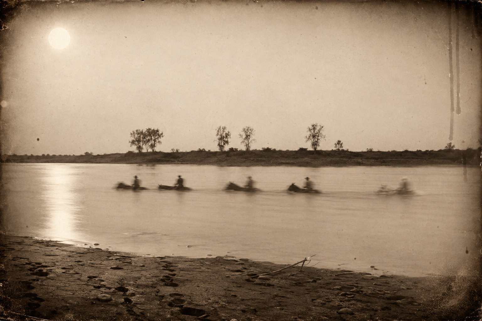 They strike the Arkansas and swim it by moonlight without a word spoken, Jake hating to ride sopping wet.